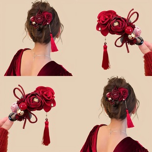 中式红玫瑰花朵流苏发夹盘发扭扭鸭嘴夹新娘订婚晚礼服后脑勺头饰