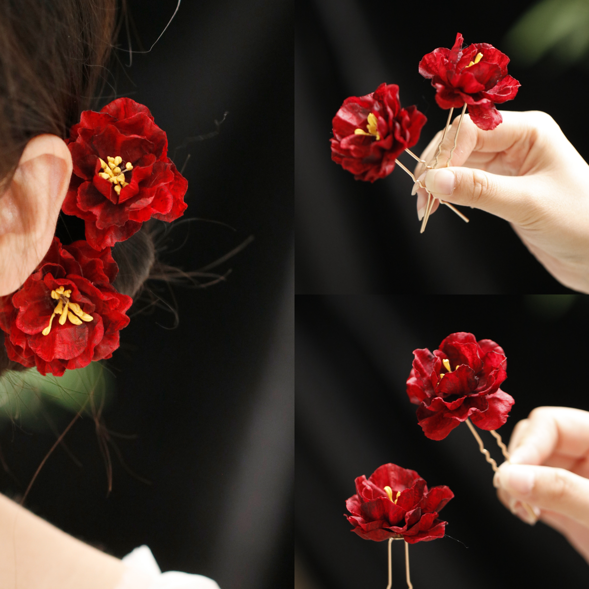 红色牡丹花仿真玫瑰花朵发簪女