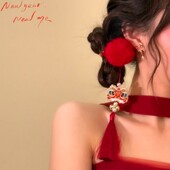 新年红色喜庆醒狮流苏发夹对夹女秋冬毛绒2026新款 爆款 汉服发饰