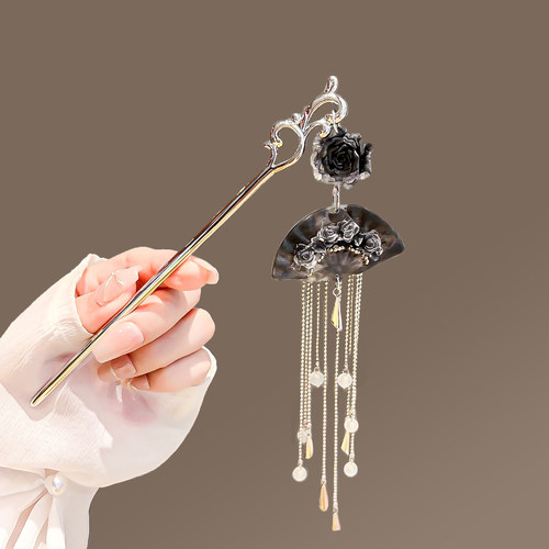 清冷感步摇黑玫瑰扇子流苏发簪