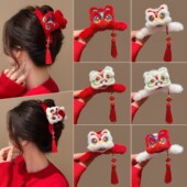 新年氛围感红色醒狮抓夹女毛绒流苏发夹过年喜庆后脑勺盘发鲨鱼夹
