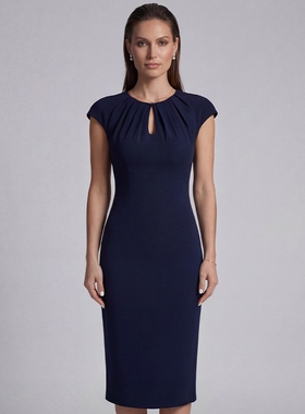 BRAND BY MEI职场精英藏蓝色过膝水滴设计铅笔包臀连衣裙