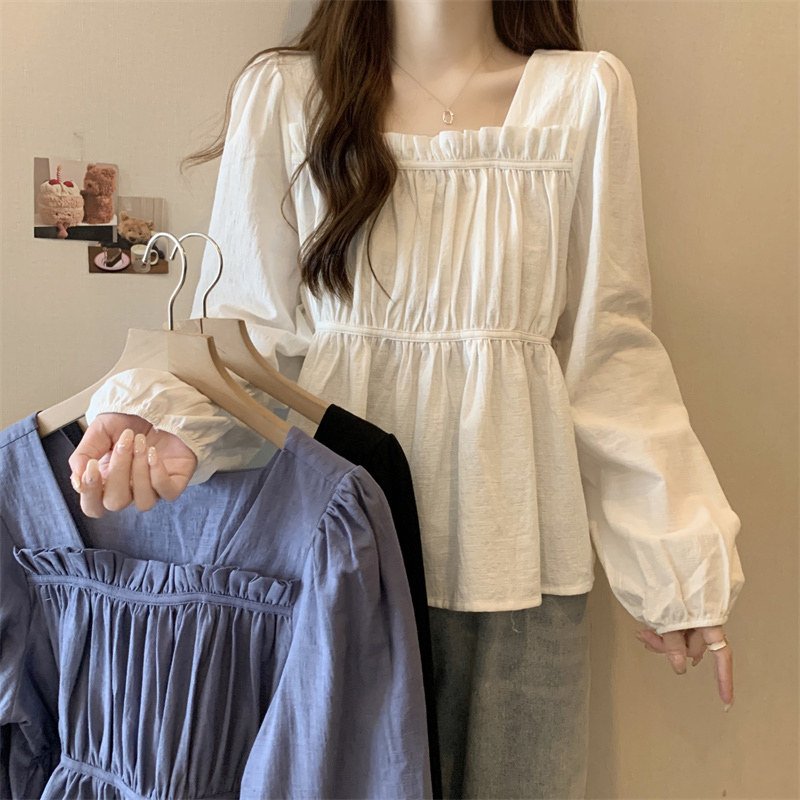 少女凯拉 方领压褶短袖雪纺衫女夏季设计感宽松微胖遮肚上衣藏肉