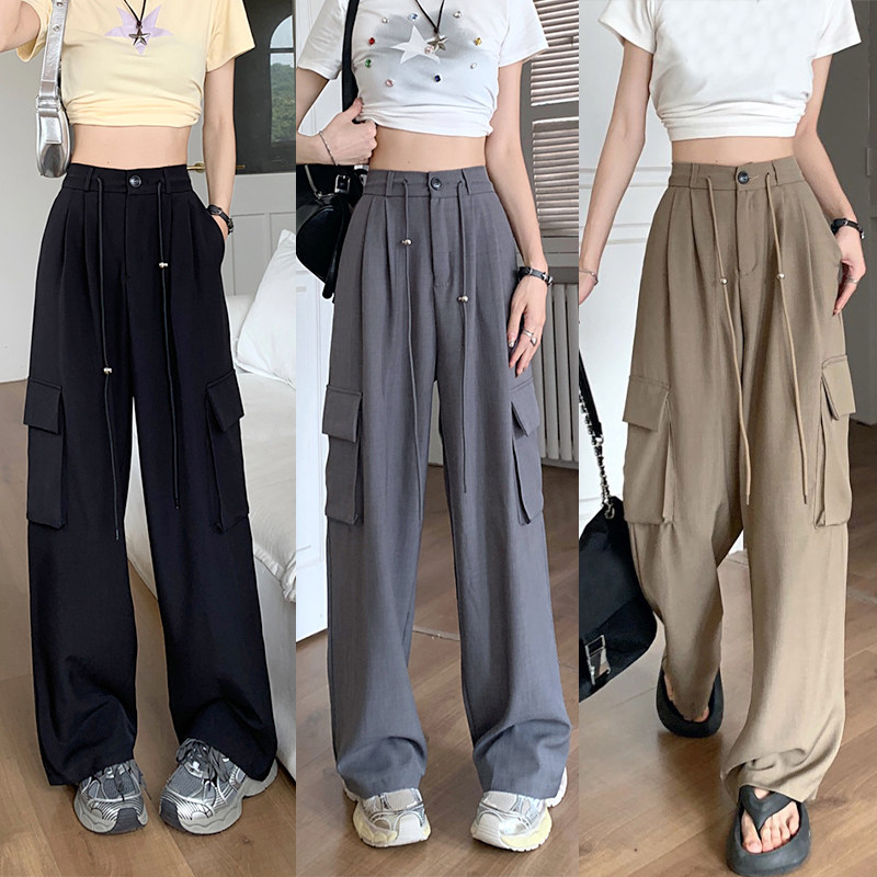 少女凯拉女装2024早秋新款宽松显瘦阔褪裤高腰抽绳百搭休闲工装裤