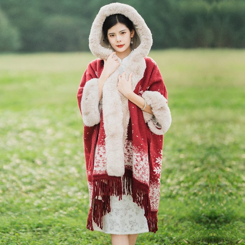 挽苏红色旗袍披肩斗篷2025新款加绒保暖外搭气质高端日常小个子女
