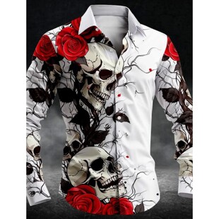 Rose skull print long sleeved shirt 玫瑰骷髅头印花长袖衬衫男