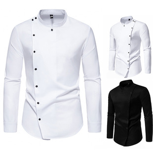 Restaurant chef's uniform男纯色餐厅厨师服立领斜门襟长袖衬衫