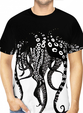 Men's Octopus Print Short Sleeve Top男士章鱼印花圆领短袖上衣