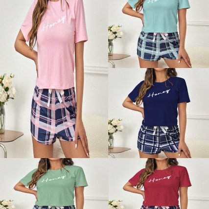 格子短裤T恤蝴蝶结欧美睡衣套装