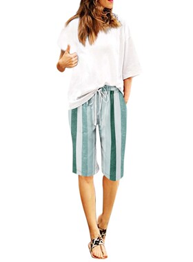 Women's Vertical Stripe Contrast Capris女士竖条纹撞色五分裤