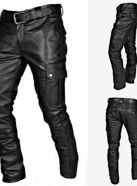 Strapped leather pants男士口袋朋克复古哥特皮裤PU绑带休闲皮裤