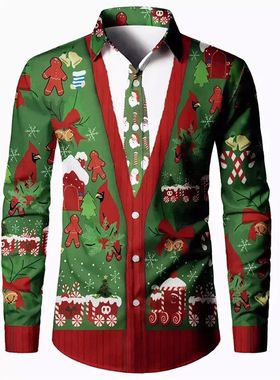 Christmas printed cardigan shirt男士休闲圣诞数码印花开衫衬衫