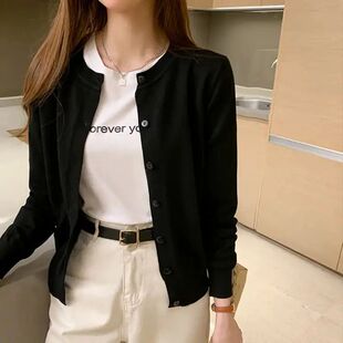 sleeved thin cardigan纯色圆领长袖 Round 开衫 long 薄款 女 neck