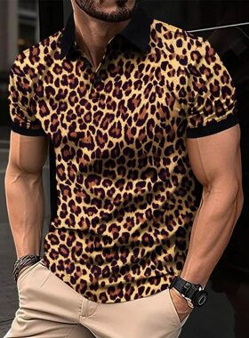 Leopard print short sleeved lapel T-shirt豹纹印花短袖翻领T恤