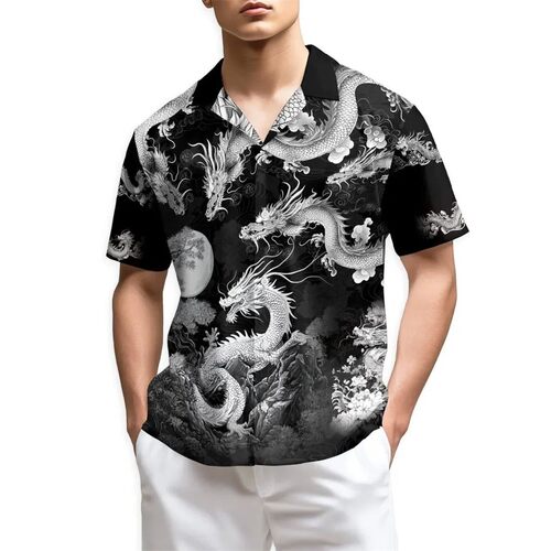 沙滩龙图案夏威夷男士3D短袖衬衫