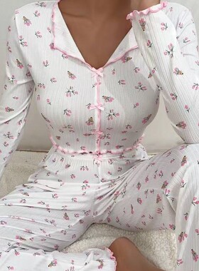 Floral printed home suit set蝴蝶结翻领碎花长袖长裤两件套装女
