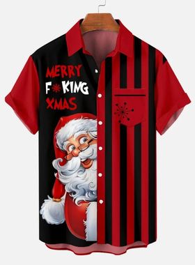 Christmas themed short sleeved shirt圣诞节元素印花短袖衬衫男