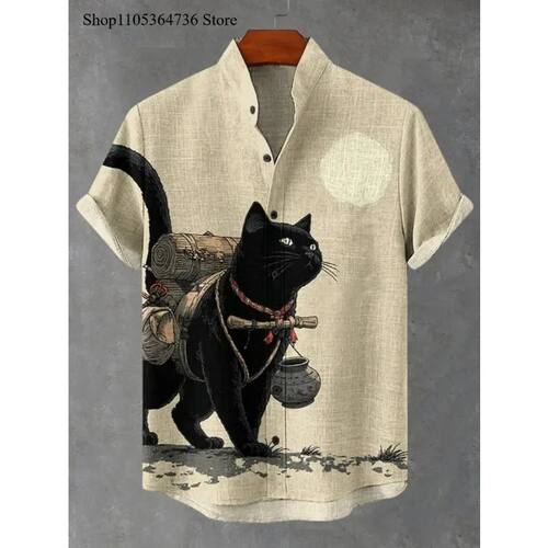 立领复古艺术黑猫3D印花短袖衬衫