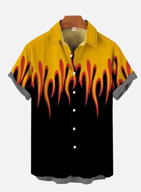 Flame printed short sleeved shirt男火焰数码印花休闲短袖衬衫