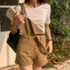 suspender denim straps Khaki shorts卡其色吊带牛仔背带短裤 女