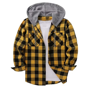 Fleece plaid hooded shirt男法拉绒格子连帽双袋盖休闲连帽衬衫