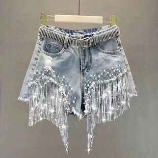 Heavy denim duty diamond shorts full 流苏破铜重工满钻牛仔短裤