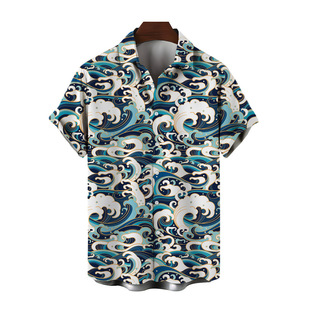 wave shirt男式 印花衬衫 浪花3D数码 cardigan 开衫 Men 休闲短袖