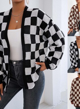 Color blocking checkered top撞色拼接棋盘格宽松休闲毛衣外套女