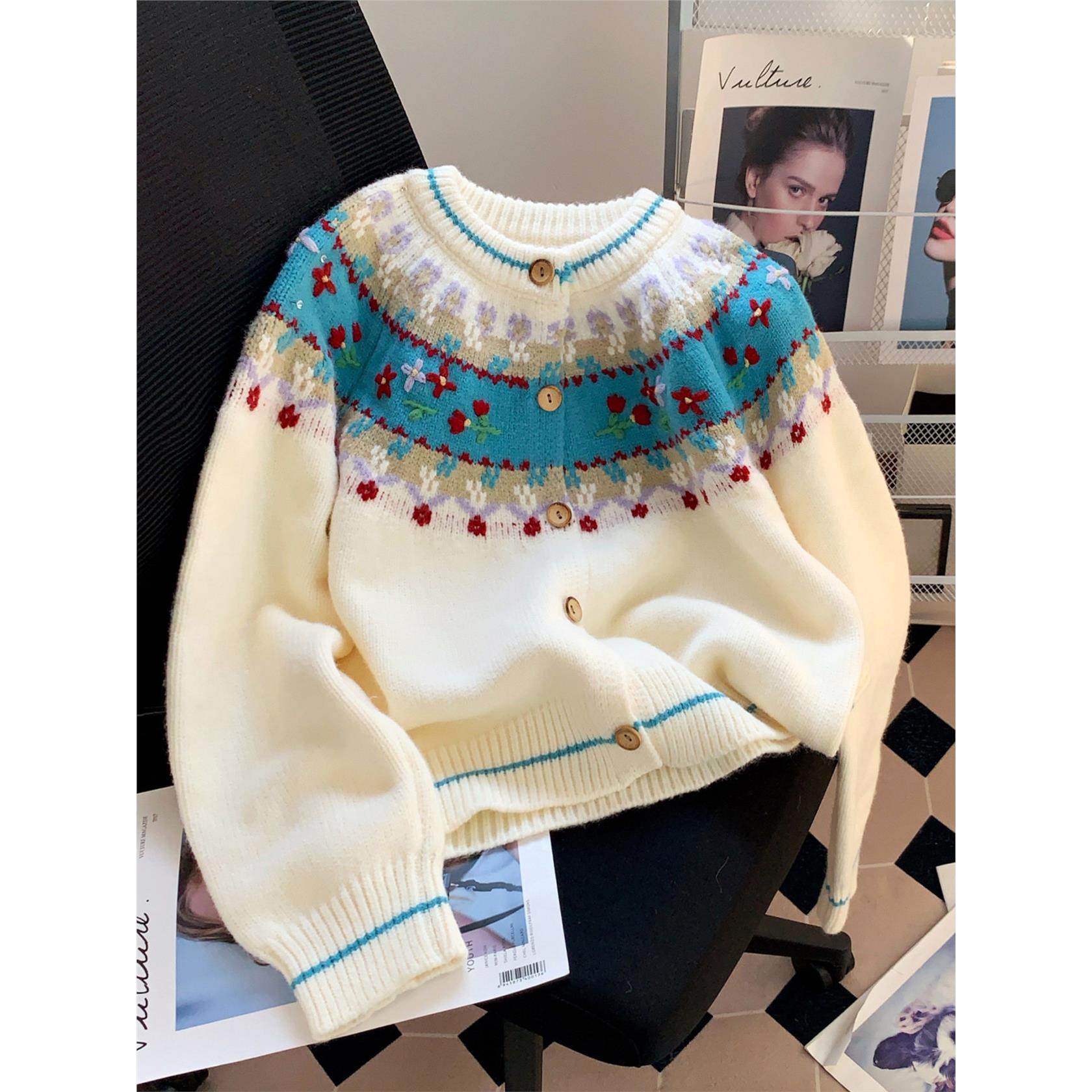 费尔岛覆古花纹毛衣开衫外套女民族氛围感针织外套慵懒高级感上衣,女装/女士精品,毛衣,淘宝优惠券,粉丝福利购,淘宝优惠卷