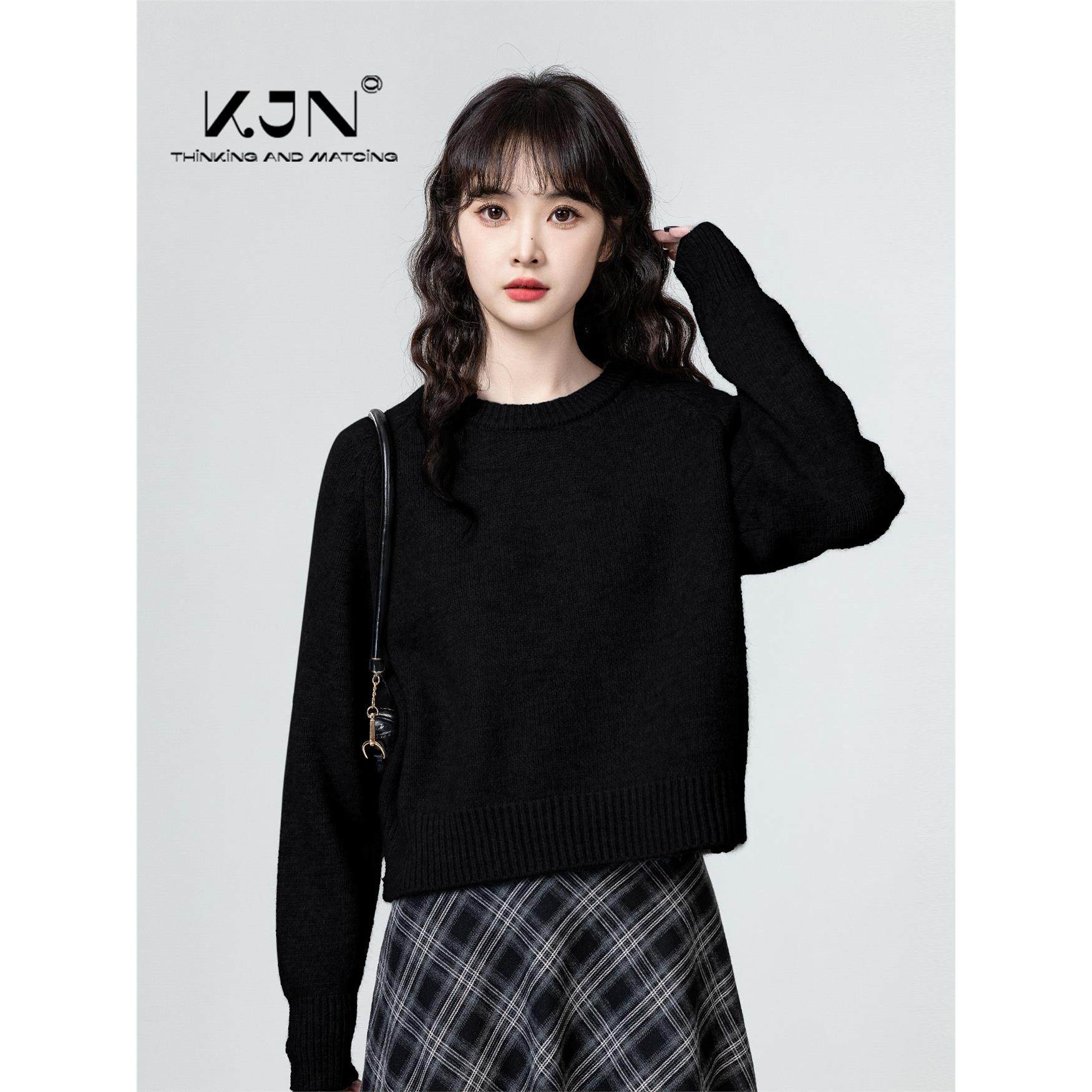 黑色加厚圆领毛衣女2025春秋新款套头内搭打底针织衫小个子短上衣,个性定制/设计服务/DIY,棉服工装,淘宝优惠券,粉丝福利购,淘宝优惠卷