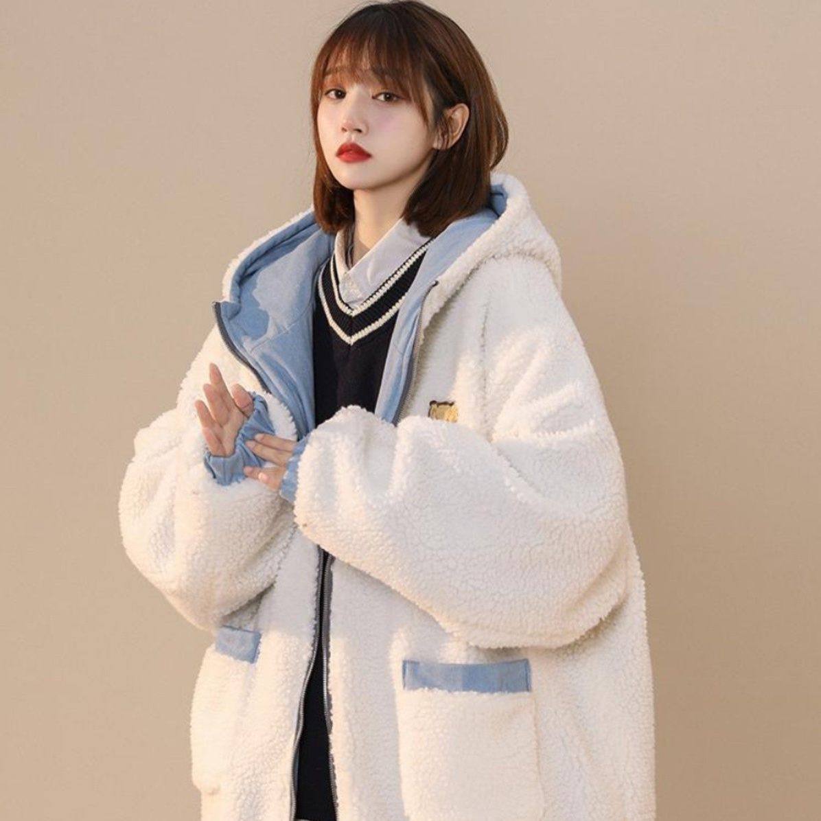 潮牌两面穿棉服女2025新款冬季加绒加厚棉衣设计感羊羔毛绒外套女,个性定制/设计服务/DIY,棉服工装,淘宝优惠券,粉丝福利购,淘宝优惠卷