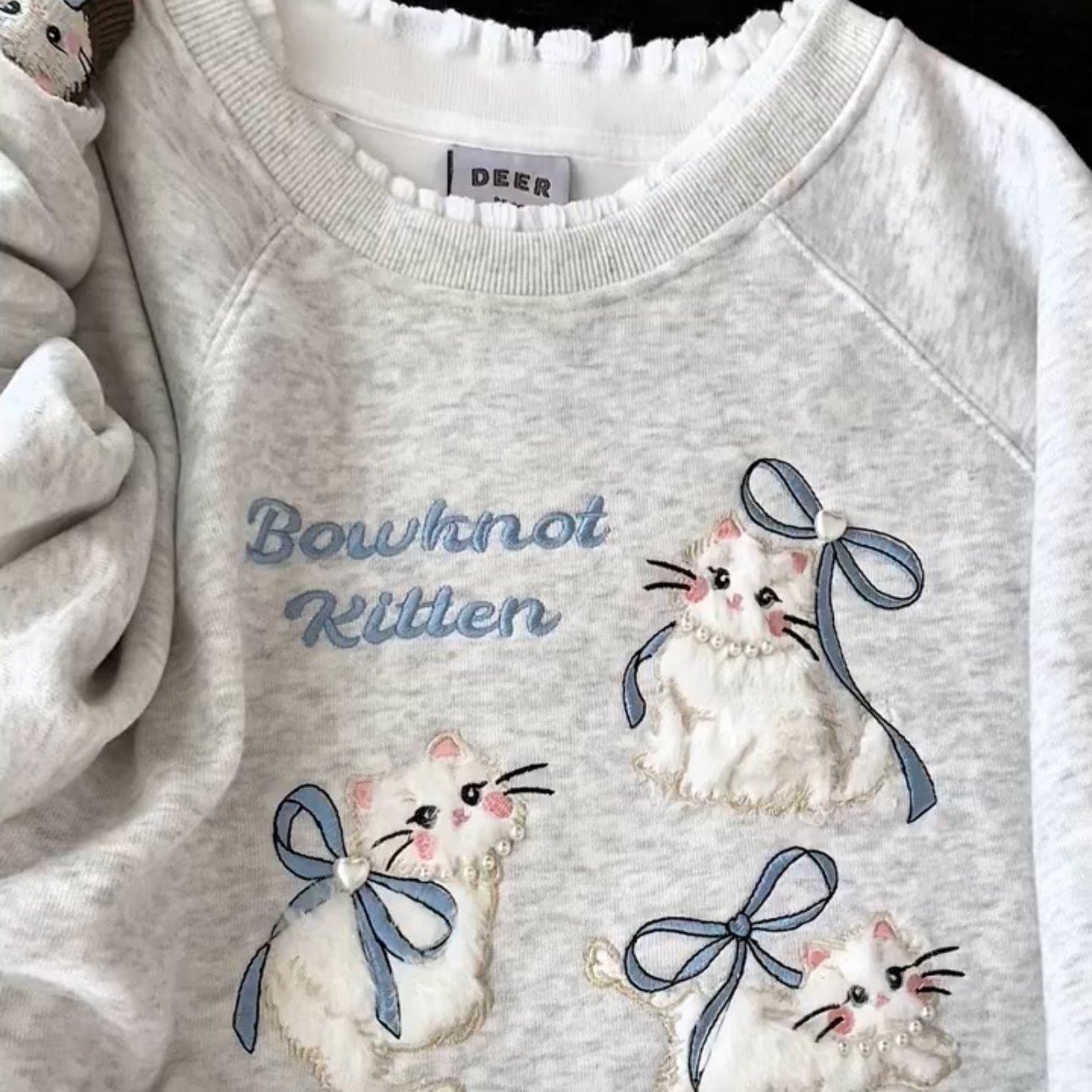 韩系可爱猫咪刺绣钉珠圆领卫衣女秋冬新款宽松长袖少女感ins上衣,个性定制/设计服务/DIY,棉服工装,淘宝优惠券,粉丝福利购,淘宝优惠卷