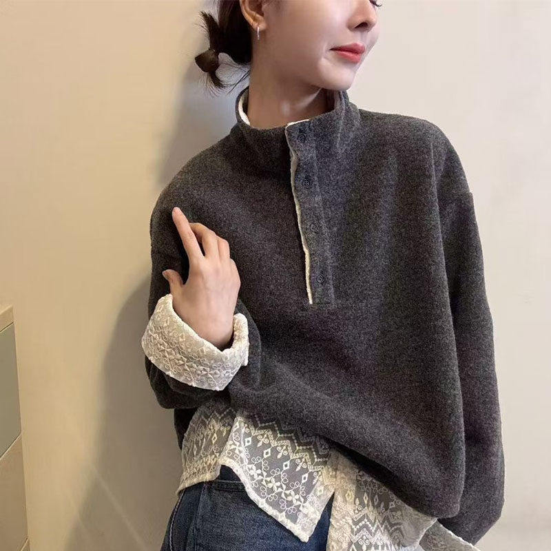 立领加绒长袖卫衣女2025冬季新款韩版时尚蕾丝拼接洋气百搭上衣潮,个性定制/设计服务/DIY,棉服工装,淘宝优惠券,粉丝福利购,淘宝优惠卷