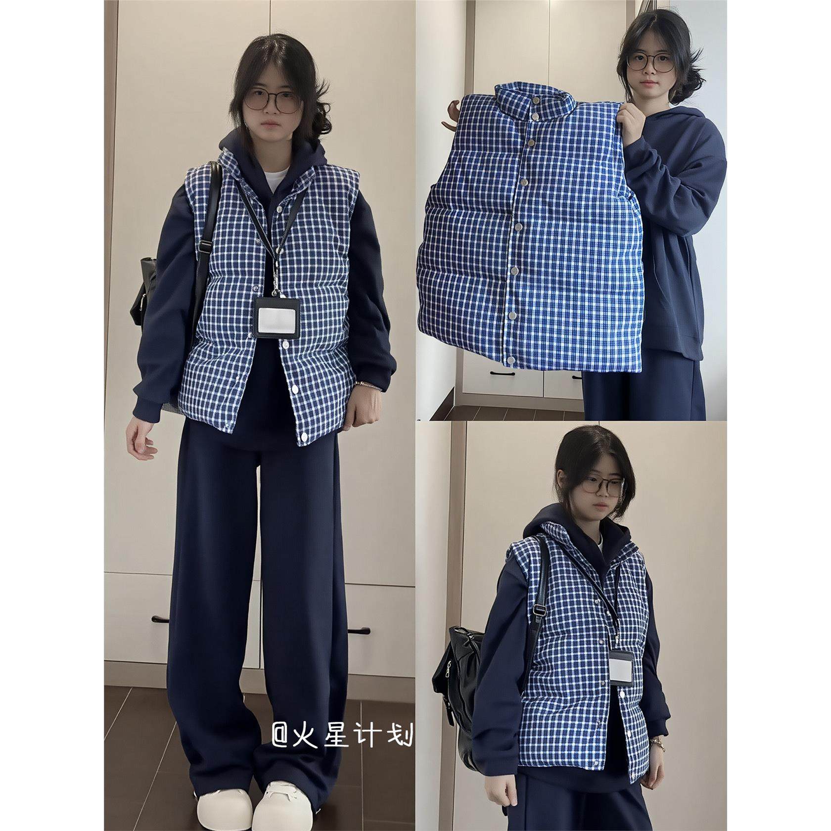 2025年秋冬季新款蓝色格子马甲女棉服外套叠穿加厚背心棉衣棉袄潮,个性定制/设计服务/DIY,棉服工装,淘宝优惠券,粉丝福利购,淘宝优惠卷