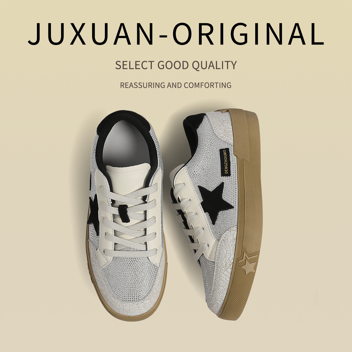 JUXUAN水钻星星板鞋女2026春季新款真皮平底拼色小白鞋圆头休闲鞋,女鞋,德训鞋,淘宝优惠券,粉丝福利购,淘宝优惠卷