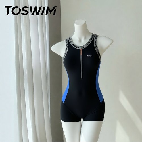 【样衣清仓-灰蓝字母】TOSWIM拓胜正品连体游泳衣女平角温泉度假