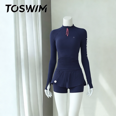 【瑕疵清仓-藏蓝波纹】TOSWIM拓胜泳衣女士分体长袖短裤防晒温泉