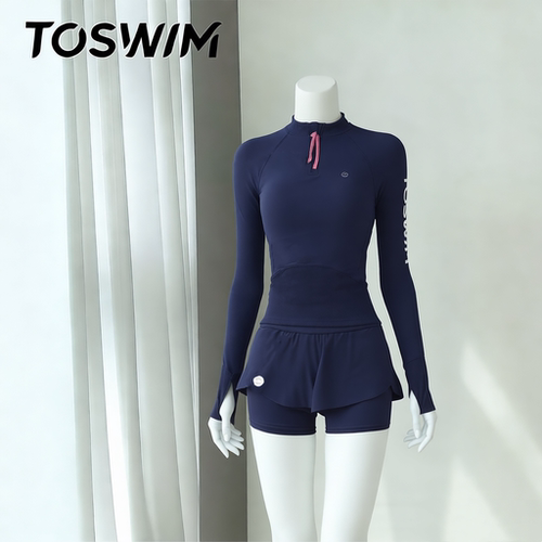 【样衣清仓-藏蓝波纹】TOSWIM拓胜泳衣女士分体长袖短裤防晒温泉