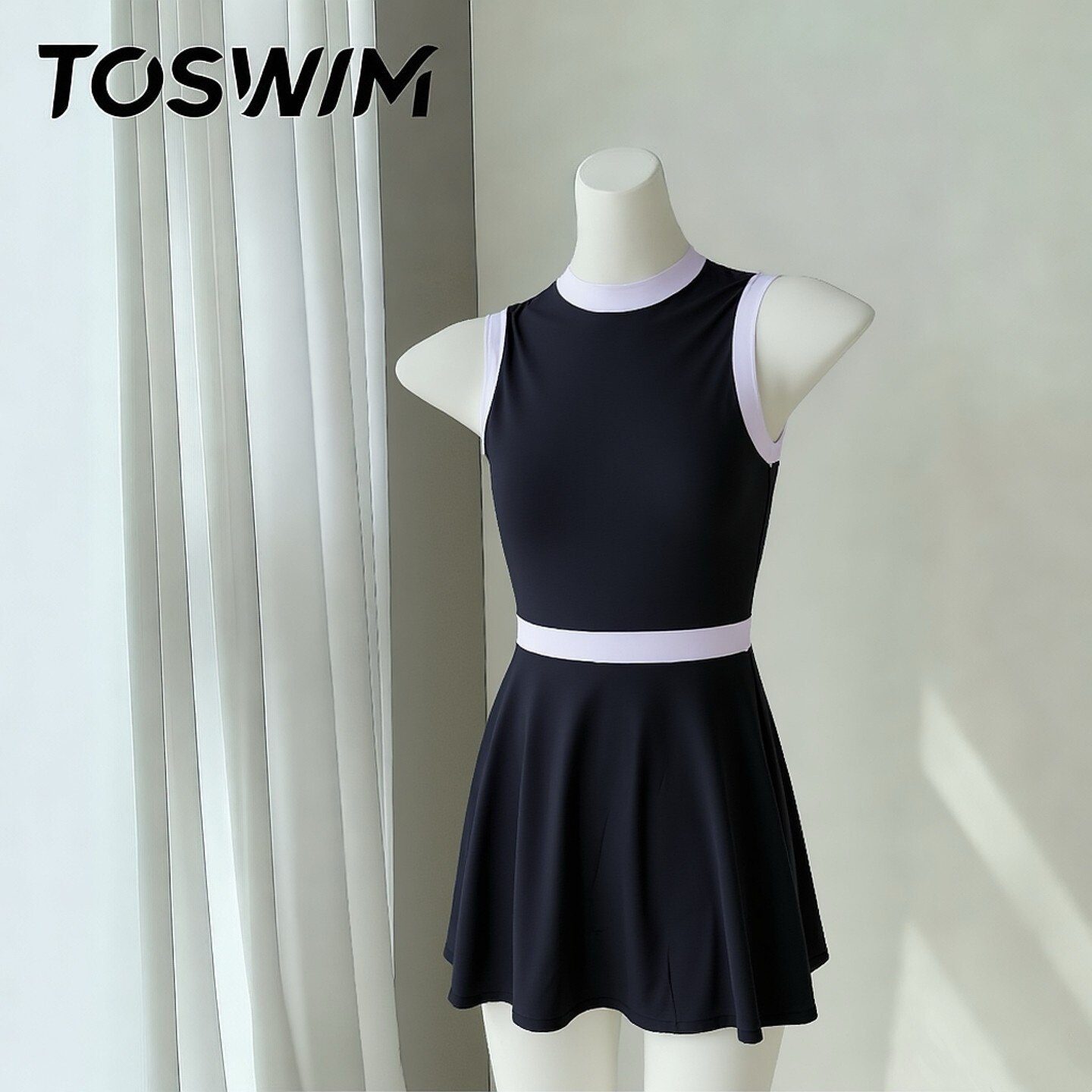 【瑕疵清仓-简白黑裙】TOSWIM拓胜正品泳衣女连体裙式温泉泳装