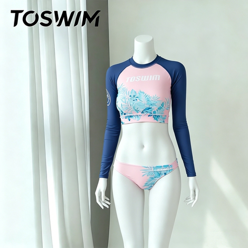 【样衣清仓-粉芷蓝叶】TOSWIM拓胜分体泳衣女长袖短裤温泉泳装