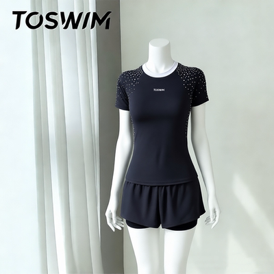 【瑕疵清仓-极夜繁星】TOSWIM拓胜正品泳衣女士分体短袖平角温泉