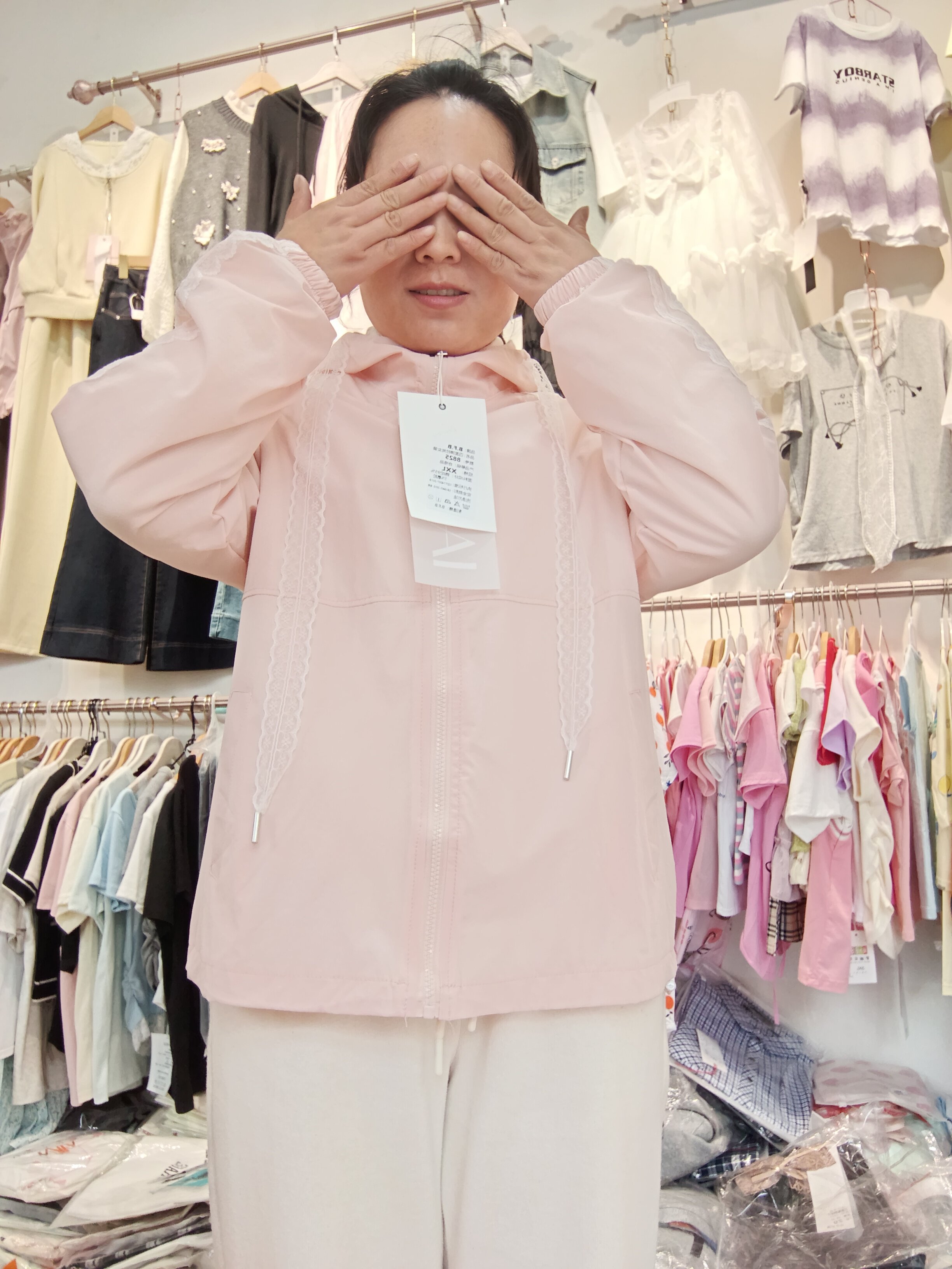25女士新款时尚气质连帽防晒外套长65四面弹蕾丝花边运动外套衣服