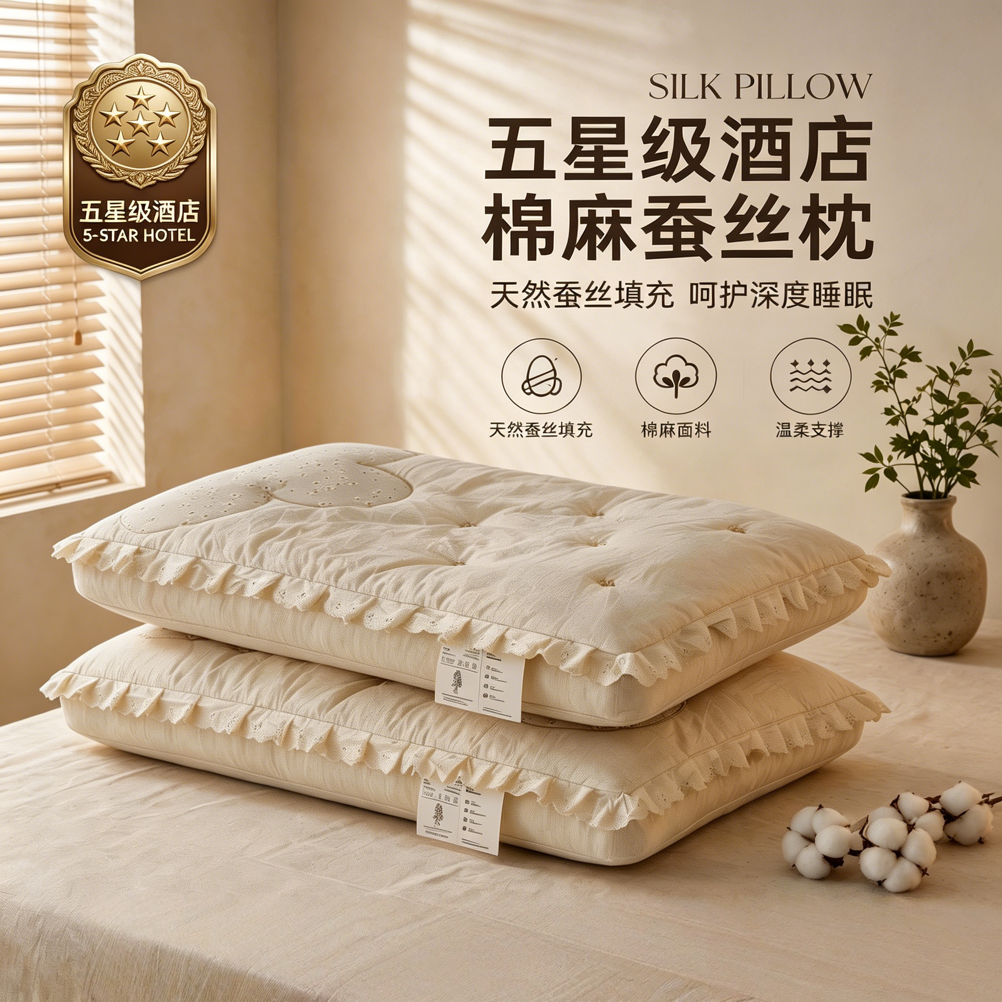 五星级酒店助眠专用蚕丝枕棉麻枕头成人单人一只装枕芯睡眠护颈枕