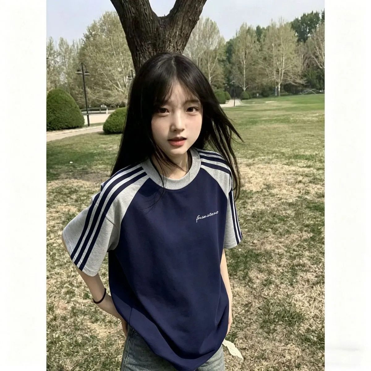 少女大童三条杠插肩短袖t恤女夏季新款初中高中学生宽松半袖上衣