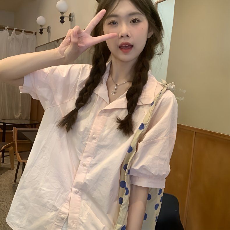 学院风粉色polo领短袖衬衫女甜美宽松百搭衬衣设计感泡泡袖上衣夏