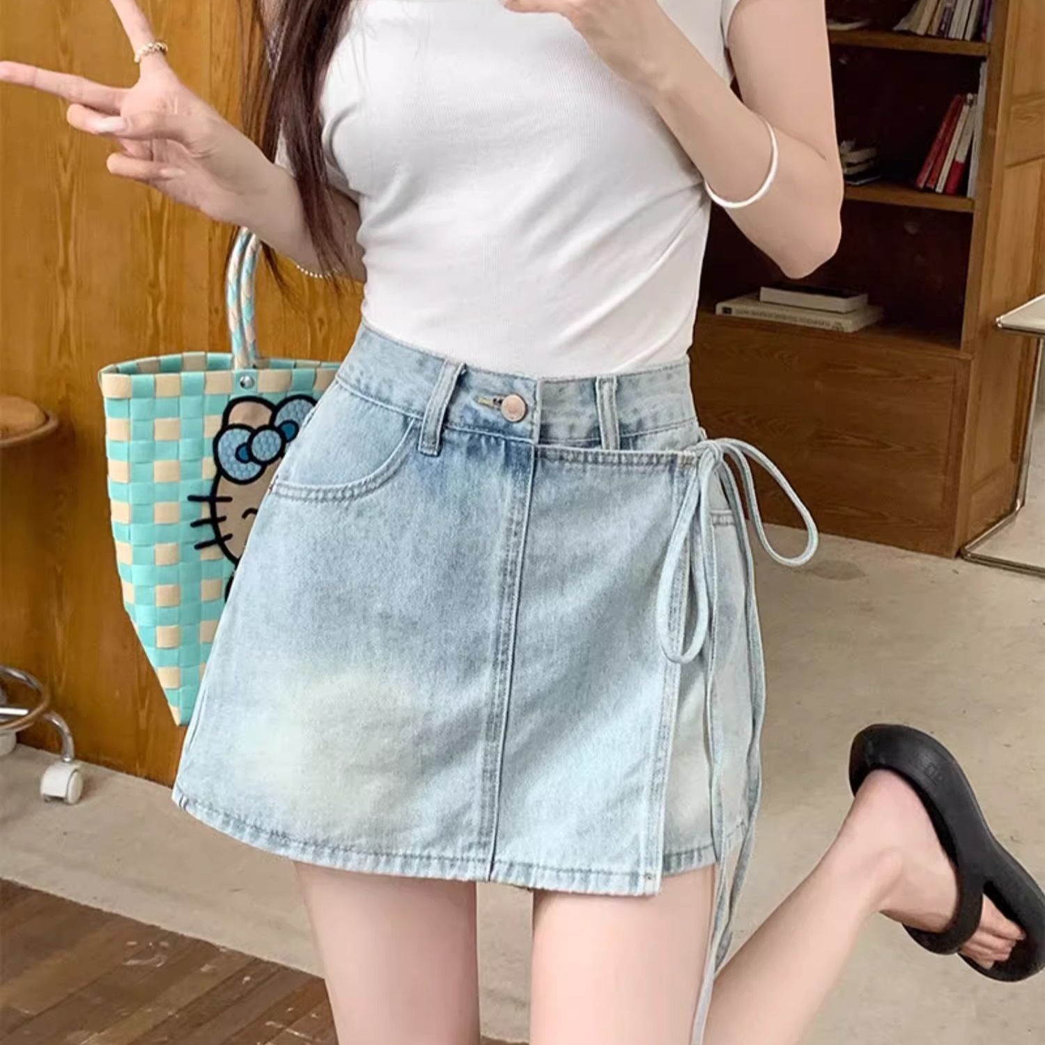 假两件牛仔短裤女夏季A字高腰不规则洋气绑带裙裤小个子辣妹裤子