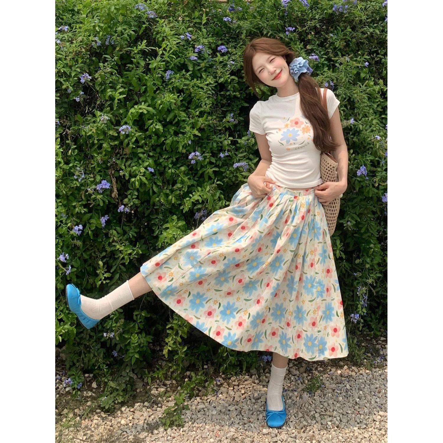 夏季甜美风小清新穿搭印花圆领短袖上衣碎花百褶显瘦半身裙两件套