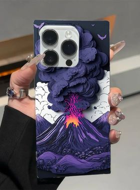 紫色火山适用苹果11方块壳透明手机壳14promax冰晶16p/15plus防摔