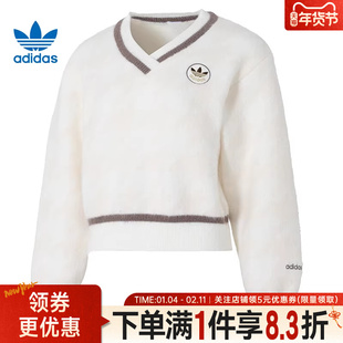 adidas阿迪达斯三叶草冬季女子运动卫衣白色毛线衫V领套衫KC2687