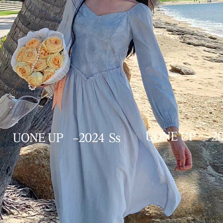 爆款夏季法式甜美浪漫蓝色仙女连衣裙拼接蕾丝超仙气温柔淑女长裙